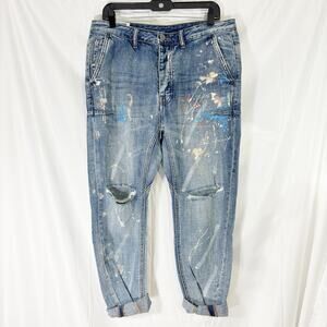 NWT One Teaspoon Mr Browns Distressed Jeans34R Blue Suede Paint Splatter